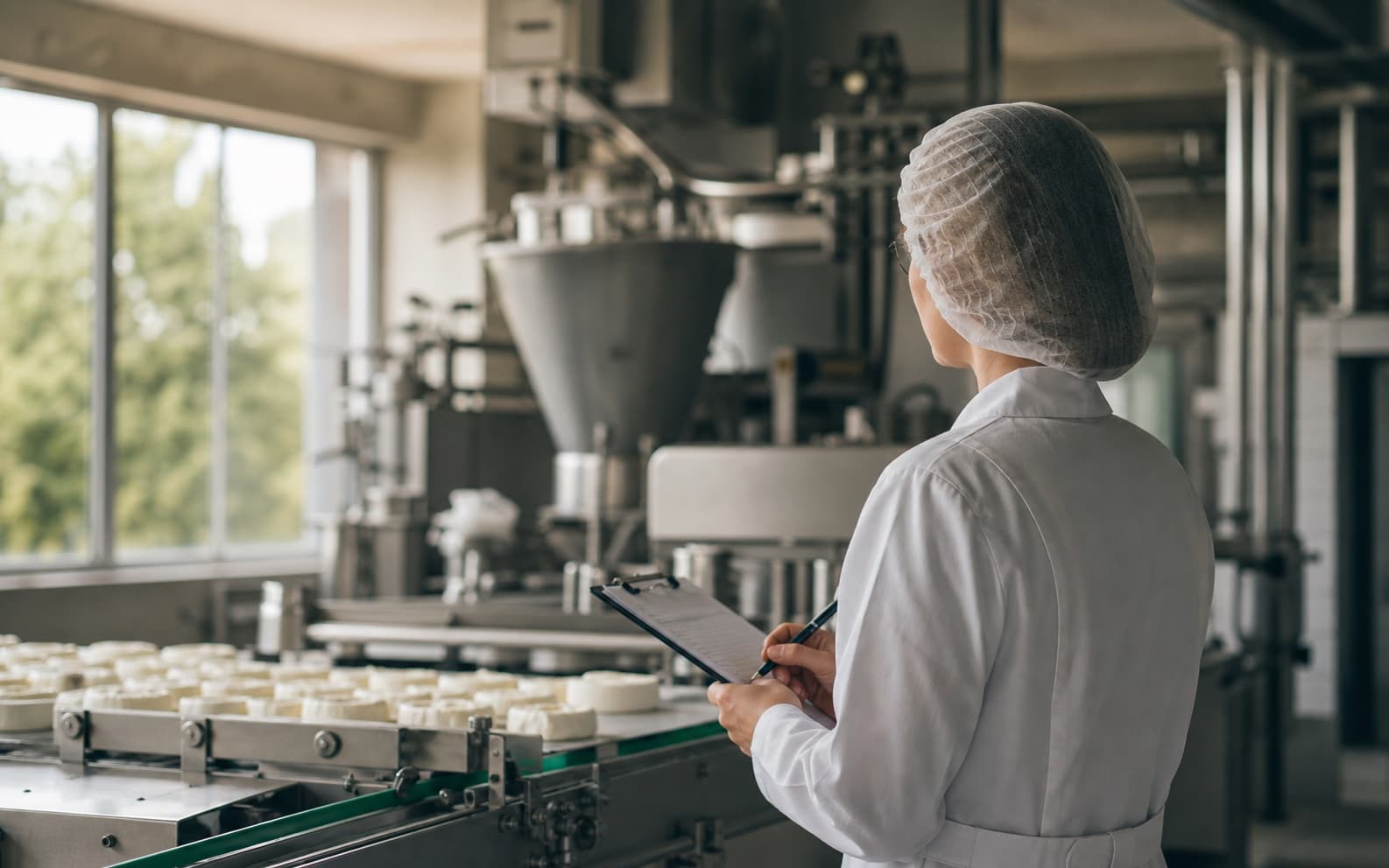 Auditrice observant une ligne de fabrication agroalimentaire